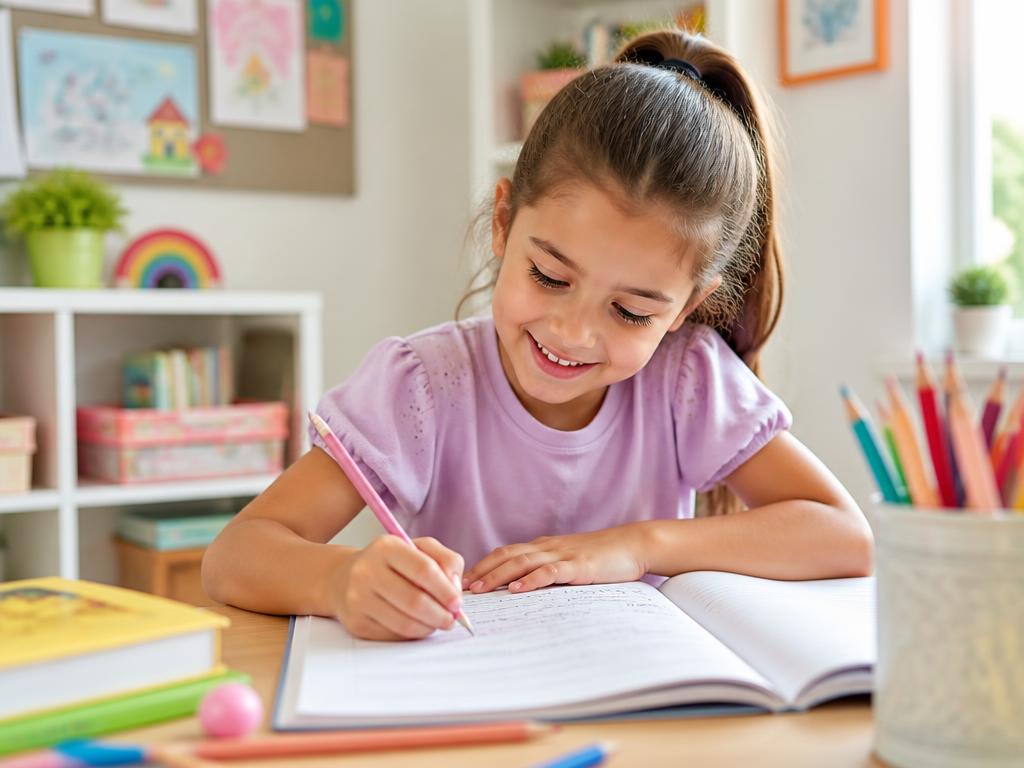 Une élève du primaire écrit dans son cahier d'exercices